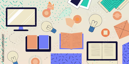 Flat lay illustration featuring technology books and creative idea icons