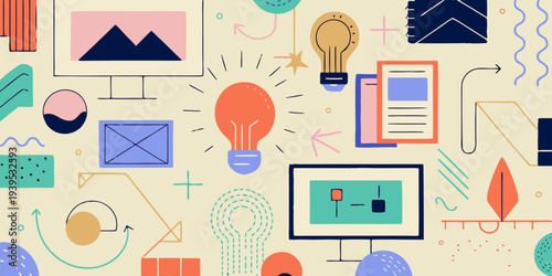 Colorful abstract illustration featuring icons of innovation and creative concepts