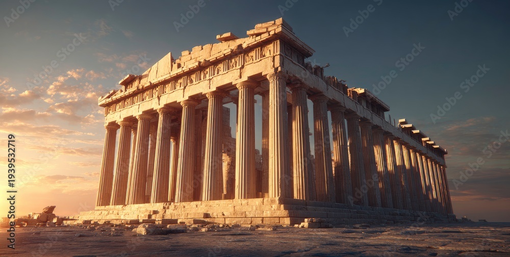 Naklejka premium Ancient Greek Parthenon Temple at Sunset