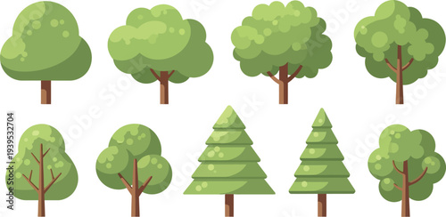 A diverse collection of stylized cartoon trees featuring different shapes and sizes, including deciduous and coniferous varieties, isolated on a clean white background.
