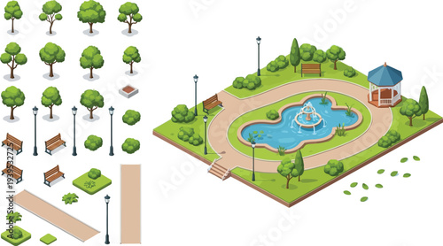 Isometric park elements set and detailed scene with fountain, benches, gazebo, and various trees and bushes.