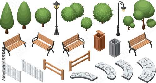 A collection of isometric park elements including trees, benches, street lamps, fences, and pathways for graphic design.
