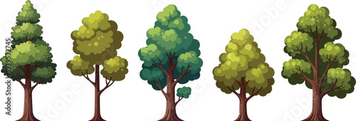 A collection of five different cartoon trees with varying green foliage and brown trunks isolated on a white background.