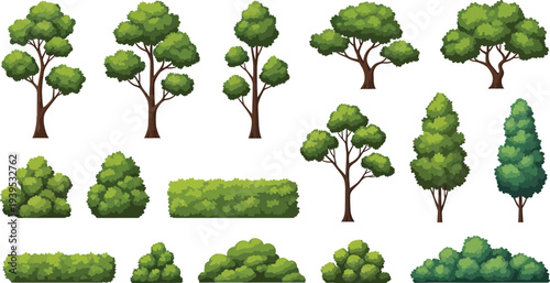 A diverse collection of cartoon-style green trees, shrubs, and hedges, perfect for graphic design and game asset creation.