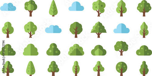 A collection of various stylized flat design trees and clouds icons arranged in a grid pattern on a white background