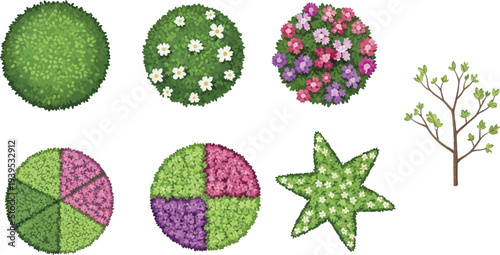 A collection of top-down view illustrations featuring various green bushes, flowering shrubs, and a small tree on a white background.