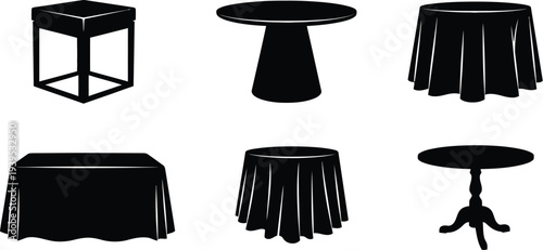 A collection of six different table silhouettes and icons, including square, round, and rectangular shapes, some with tablecloths, presented in a minimalist black and white style.