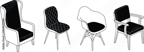 A collection of four different chairs in black and white line art illustration, showcasing various furniture styles