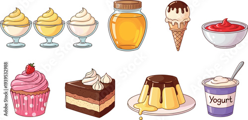 Collection of sweet desserts ice cream yogurt pudding honey cupcake and cake vector illustration delicious food set