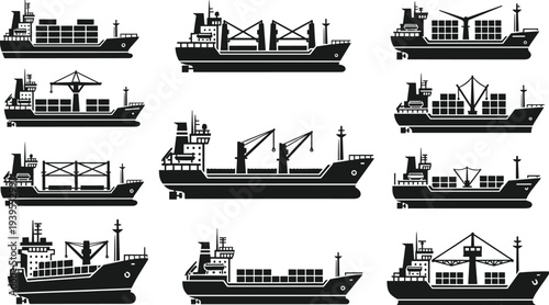 Black silhouette vector illustration of diverse cargo ships with containers and cranes, maritime transport icons for shipping, logistics, trade, and global commerce