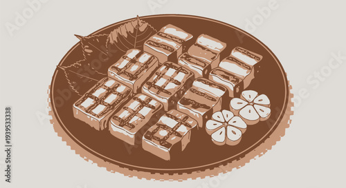 Assorted chocolate truffles with citrus decoration on a plate.