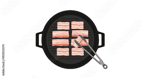 Bacon slices grilling in a black pan with tongs.
