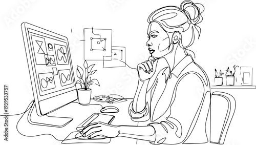 woman in the office line art 
