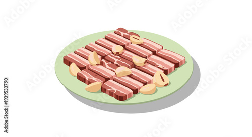 A plate of sausages and garlic cloves arranged neatly on a green plate.