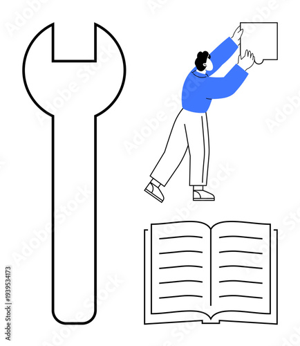 Problem-solving theme. Problem-solving ed by a wrench, a character placing a block, and an open book. Problem-solving s tools, actions, and learning. For education, teamwork tutorials