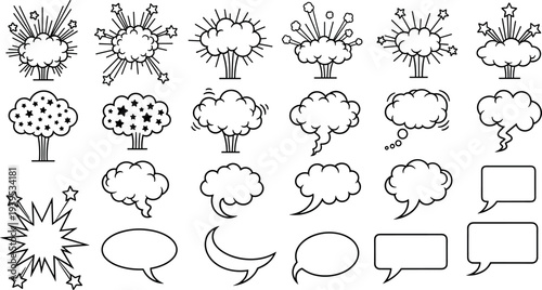 Comic Speech Bubble and Explosion Cloud Set with Cartoon Dialogue Balloons and Comic Effect Elements Illustration