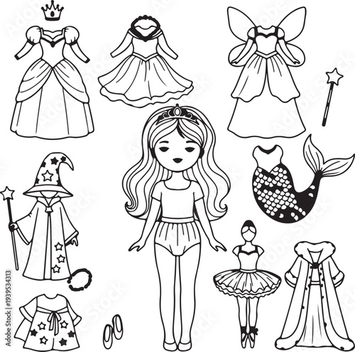 Coloring page of a girl with various dress up clothes
