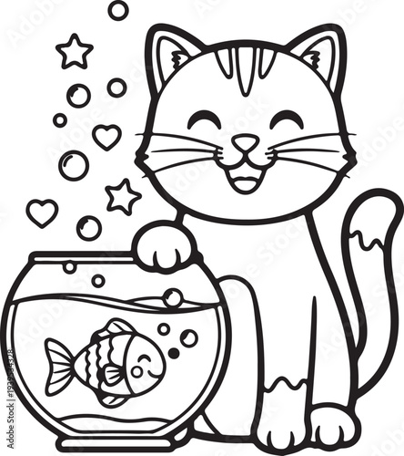 Smiling cat and fish bowl illustration
