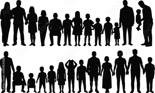 Flat vector silhouettes of families and community groups, diverse people holding hands, unity concept, generational diversity, modern minimal art illustration