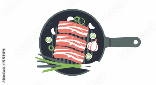 Sizzling Bacon and Vegetables in a Frying Pan.