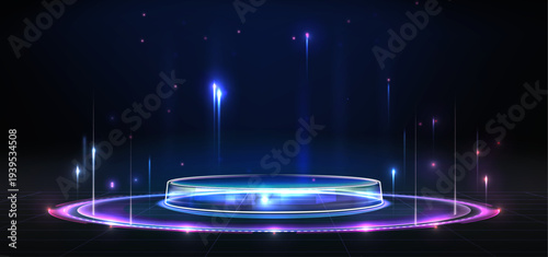 Future technology round podium with glowing blue hologram effect. Abstract vector background with tech portal and neon light beams, digital stage for product presentation in cyber punk space