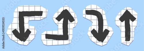 Papercut arrow stickers for scrapbook collage, realistic vector set isolated on background. Grunge cutout collection with doodle elements, fancy black arrows, vintage square box paper texture