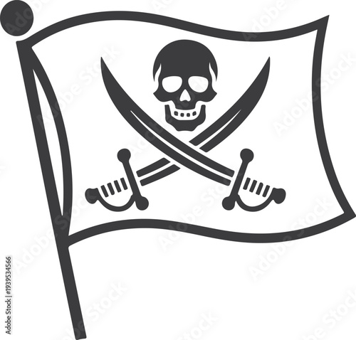 Vintage pirate banner with skull and crossed sabers nautical rogue emblem waving flag illustration