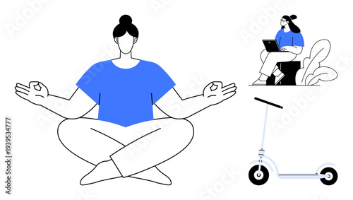 Modern lifestyle. Modern habits include practicing meditation, working remotely with technology, and eco-friendly commuting. Modern lifestyle for wellness, work-life balance, and sustainability