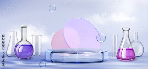 Glass podium with transparent lab glassware, pink circles and soap bubbles, realistic vector background. Flasks with pink, purple liquids, geometric platform for laboratory display, presentation