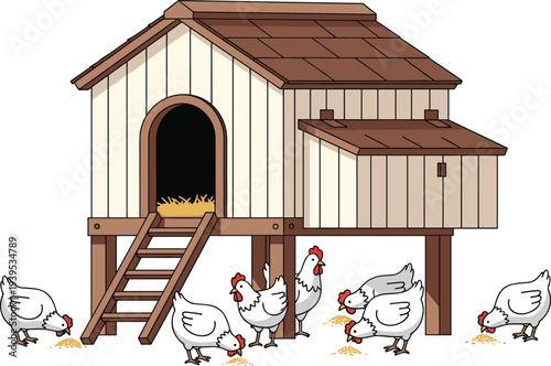 Elevated wooden chicken coop with ramp, straw nesting interior, seven white hens feeding outdoors, agricultural farmyard poultry housing illustration for educational design