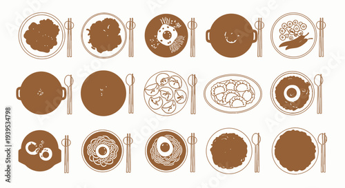 Assorted dinner plates with various meals and utensils in monochrome illustration.