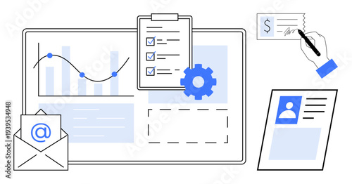 Data management. Data charts, checklist, and workflow icons emphasizing data organization and processing. Data management improves efficiency and team collaboration. For business, workflow, project