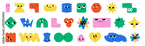 Cute cartoon shapes with funny faces and happy smiles, vector set isolated on white background. Colorful geometric characters with eyes and different emotions, kids designs and creative projects.