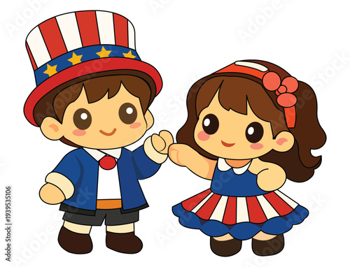 Cute cartoon boy and girl wearing patriotic red, white, and blue outfits celebrating Independence Day in a cheerful children’s illustration.