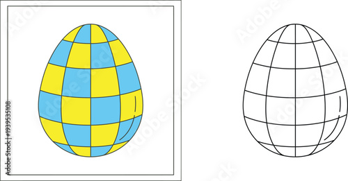 Yellow and Blue Checkered Easter Egg Vector Illustration Set for Kids Coloring Book Activity and Preschool Education Worksheet Design Isolated on White Background