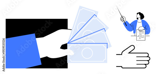 Hand holding banknotes, person presenting contract with pointer, and extended hand gesture. Ideal for investment, payment, business, negotiation, agreement transaction fundraising themes. Simple