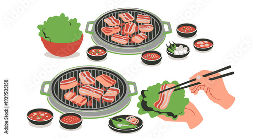 Korean Barbecue Grilling Meat with Vegetables and Dipping Sauces.