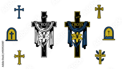 Catholic Cross Icons Set – Christian Religious Crucifix Symbol Vector Collection