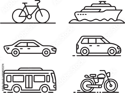 Transportation Icons Set in Line Art Style, Cars, Bus, Train, cycle, Airplane and Vehicle Outline Symbols Collection