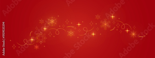 Golden snowflake border, elegant winter abstract pattern isolated on red background. Festive snow ornament, decorative element for holiday greeting cards, Christmas banner design