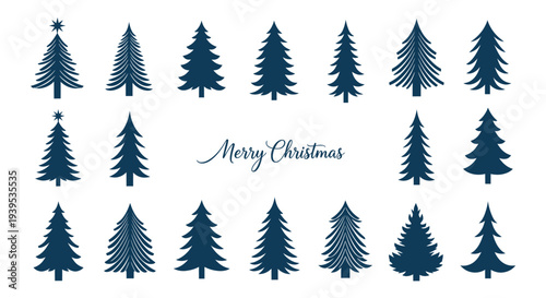 Collection of Dark Blue Christmas Trees on White Background