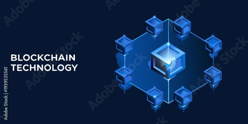Abstract blockchain network illustration with glowing cubes and text overlay