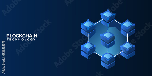 Blockchain technology concept with interconnected blue cubes and digital network