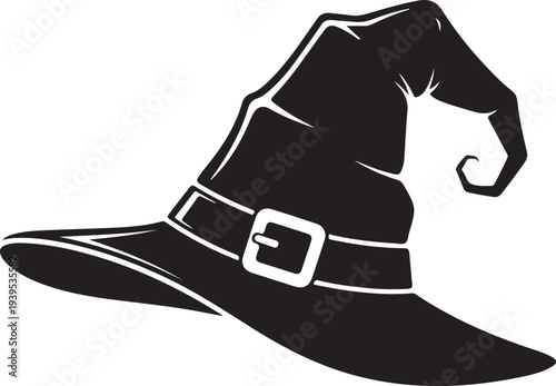 Black witch hat with buckle and wide brim isolated on transparent background