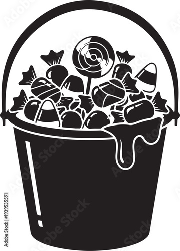 Blackandwhite illustration of a bucket overflowing with assorted candies and sweets