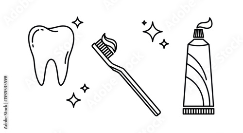 Dental Hygiene Icons: Tooth, Toothbrush with Paste, Toothpaste Tube, Sparkles