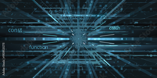 Abstract digital tunnel with code fragments and glowing light effects