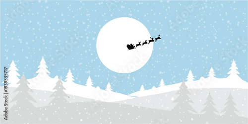 Santa claus and reindeer silhouetted against a large bright winter moon