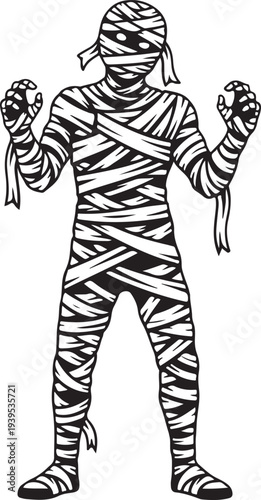 Scary mummy character illustration with bandages wrapped around body and face in a frightening pose