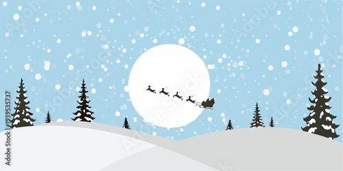 Santa claus and reindeer silhouetted against a bright winter moon